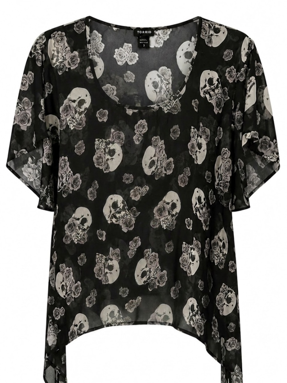 Torrid semi sheer top -skull and roses- white and purple on black size 6 (26/28)